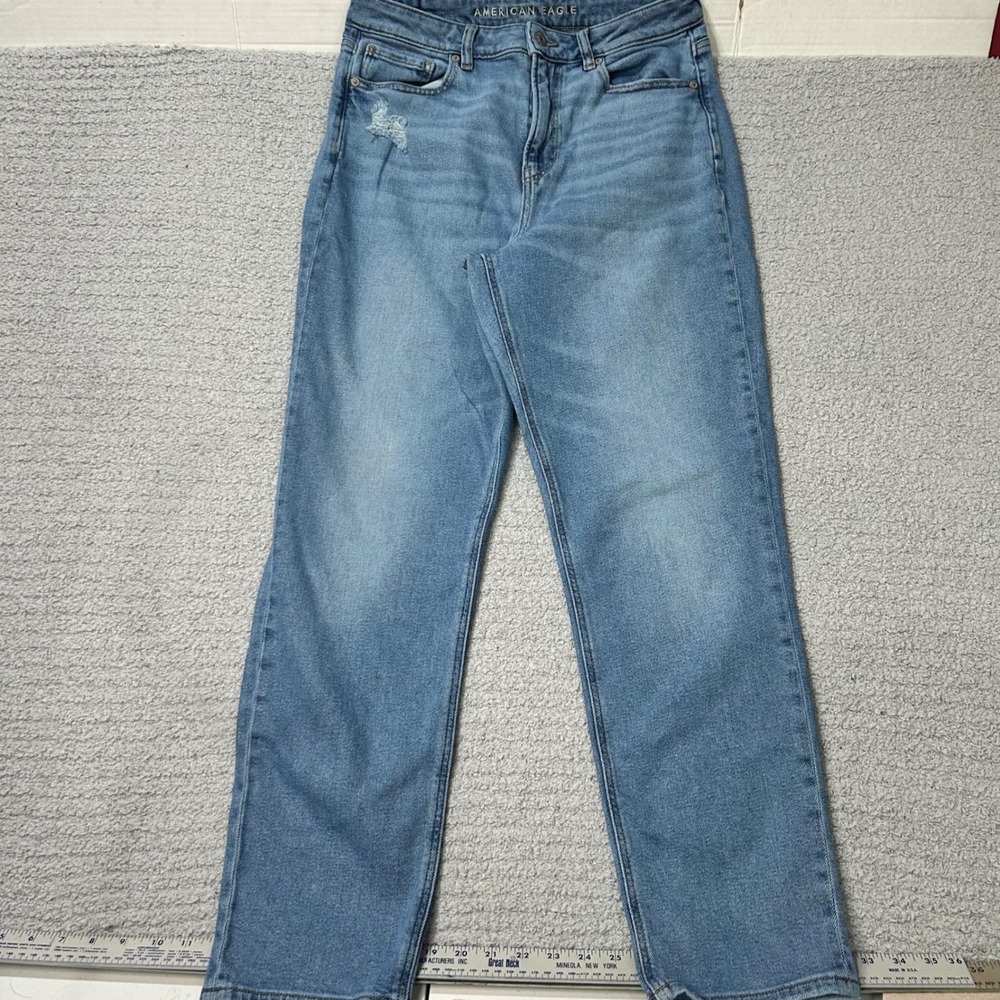 American Eagle Mom Jean 10 Long Blue Medium Wash High Rise Distressed Stretch